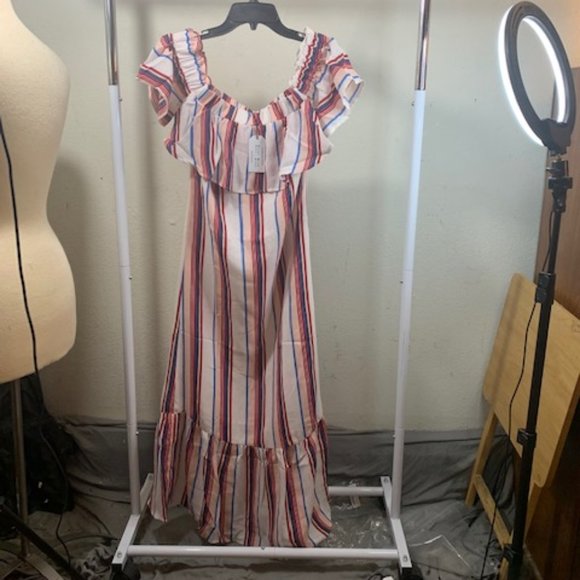 Lucca Women's Multi-Color Vertical Striped Strapless Ruffle Midi Dress XS NWT - Picture 1 of 8